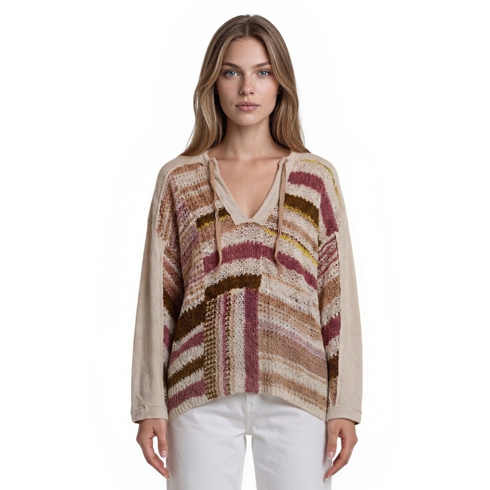 Free People Sweater Women's Size Medium Brown Cream Multi Striped Textured Top